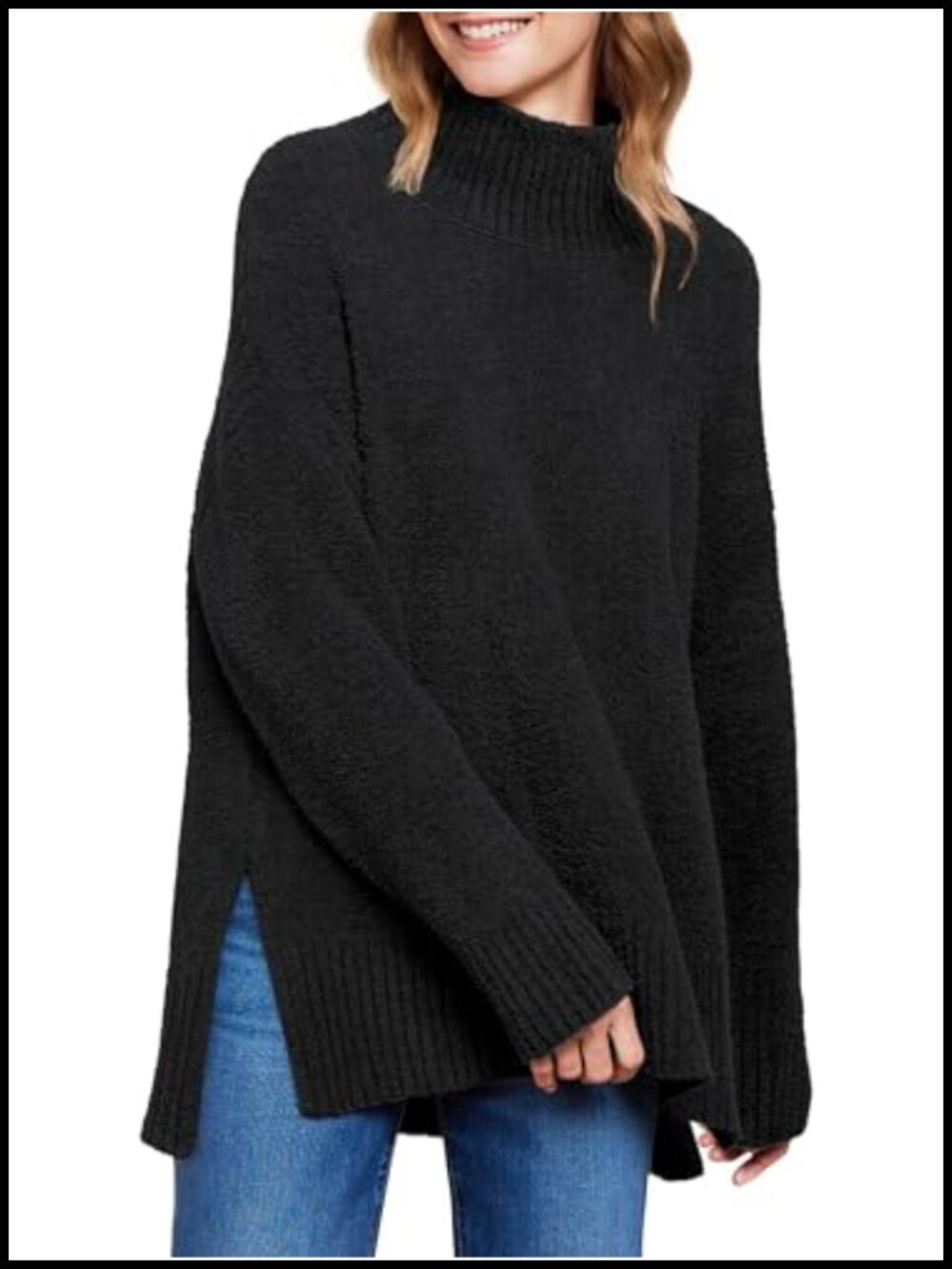 Oversized Fuzzy Turtleneck Slit Side Sweater Long Sleeve Pullover